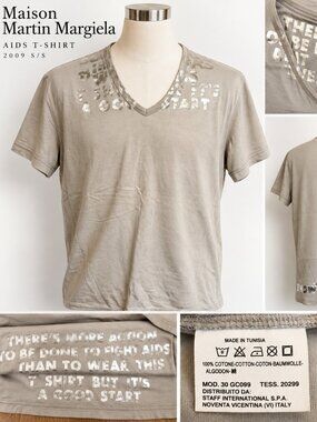 Maison Martin Margiela 2009 AIDS T Shirt 30 GC099 Gray Silver V Neck Archive